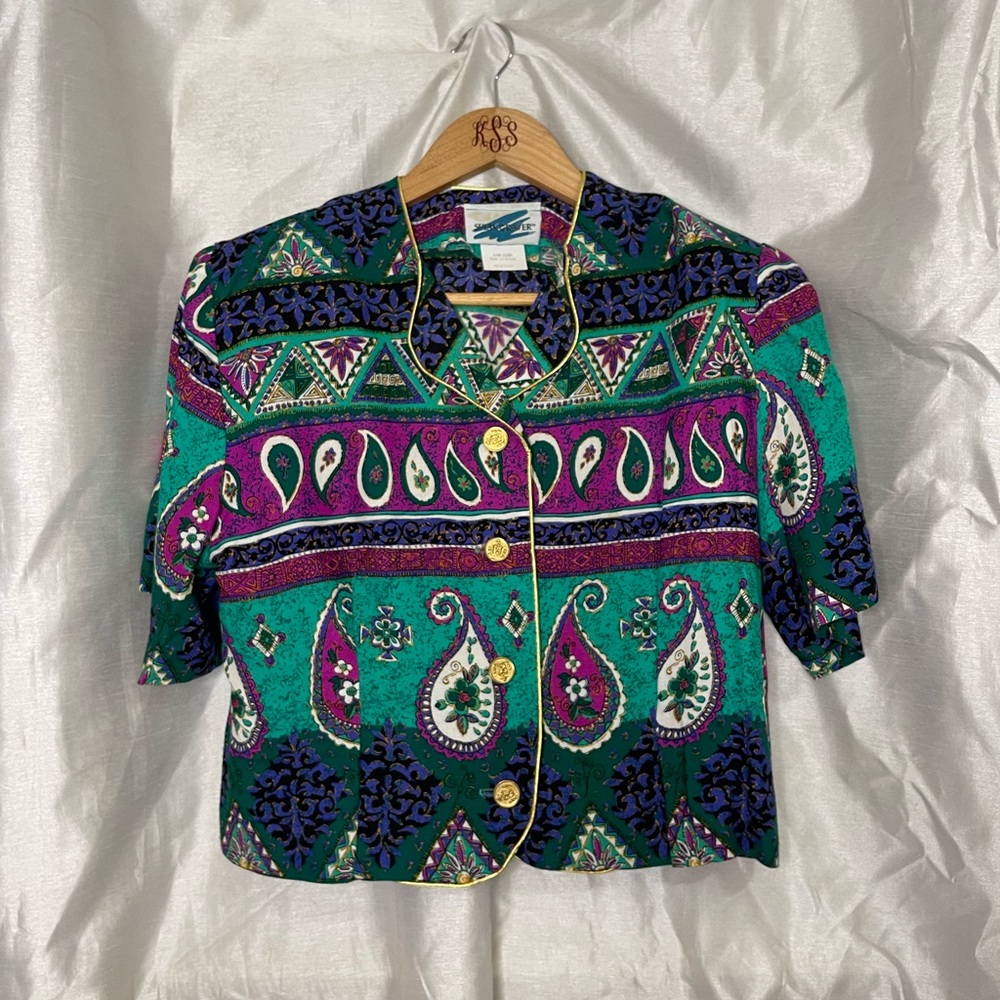 VTG 90’s Retro Paisley Striped Turquoise Purple Gold Button Down Crop Top Blouse